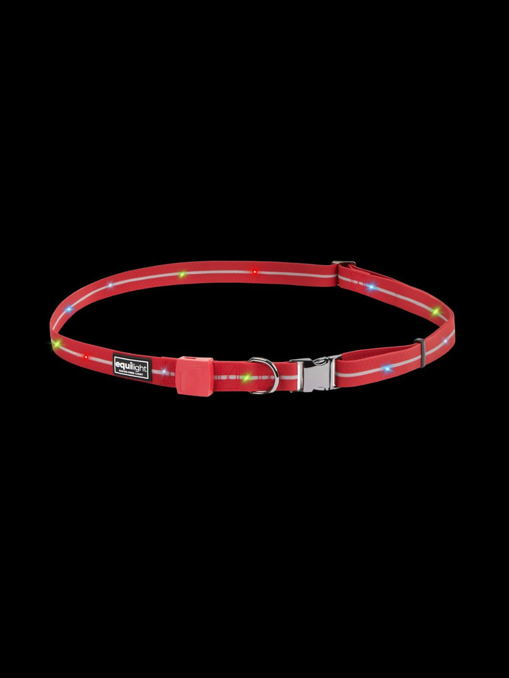 EquiLight LED Neckstrap in red with bright multi coloured rechargeable lights for horse and rider road safety.
