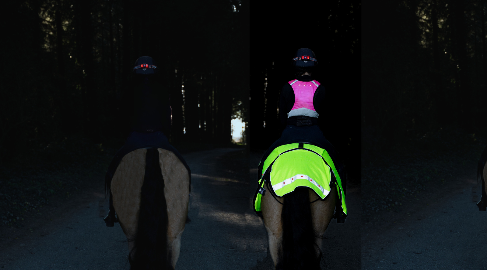 2 Horse Riders one wearing LED hi-vis safety gear and one without — EquiLight visibility campaign