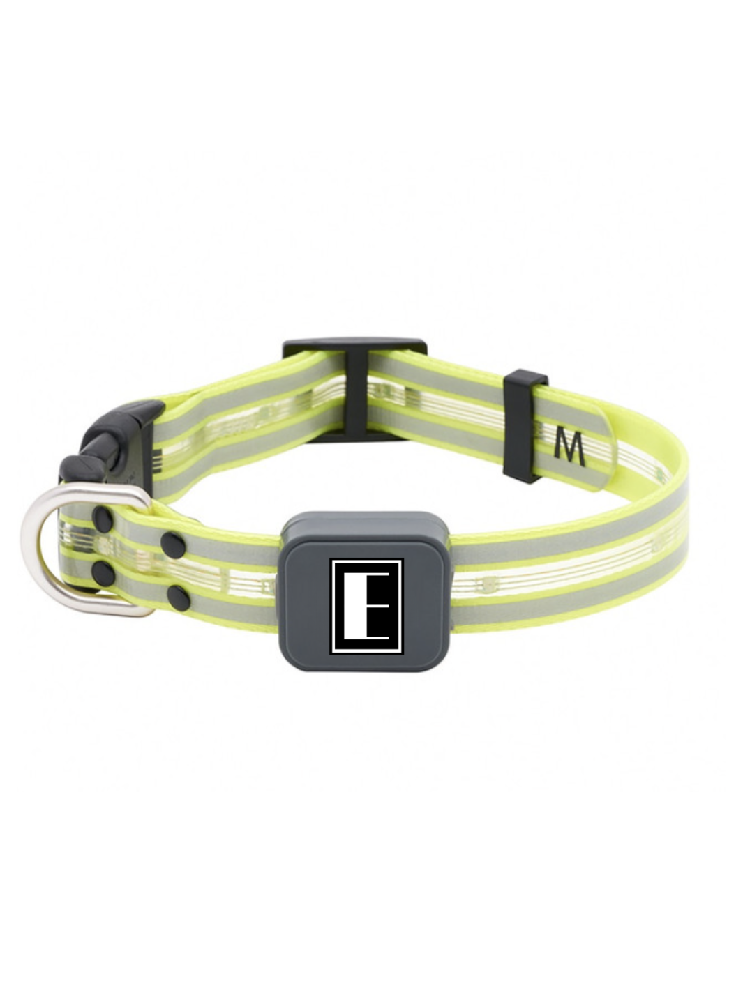 Detail view of the EquiLight LED dog collar showing the durable PVC material, secure buckle and integrated rechargeable light strip.
