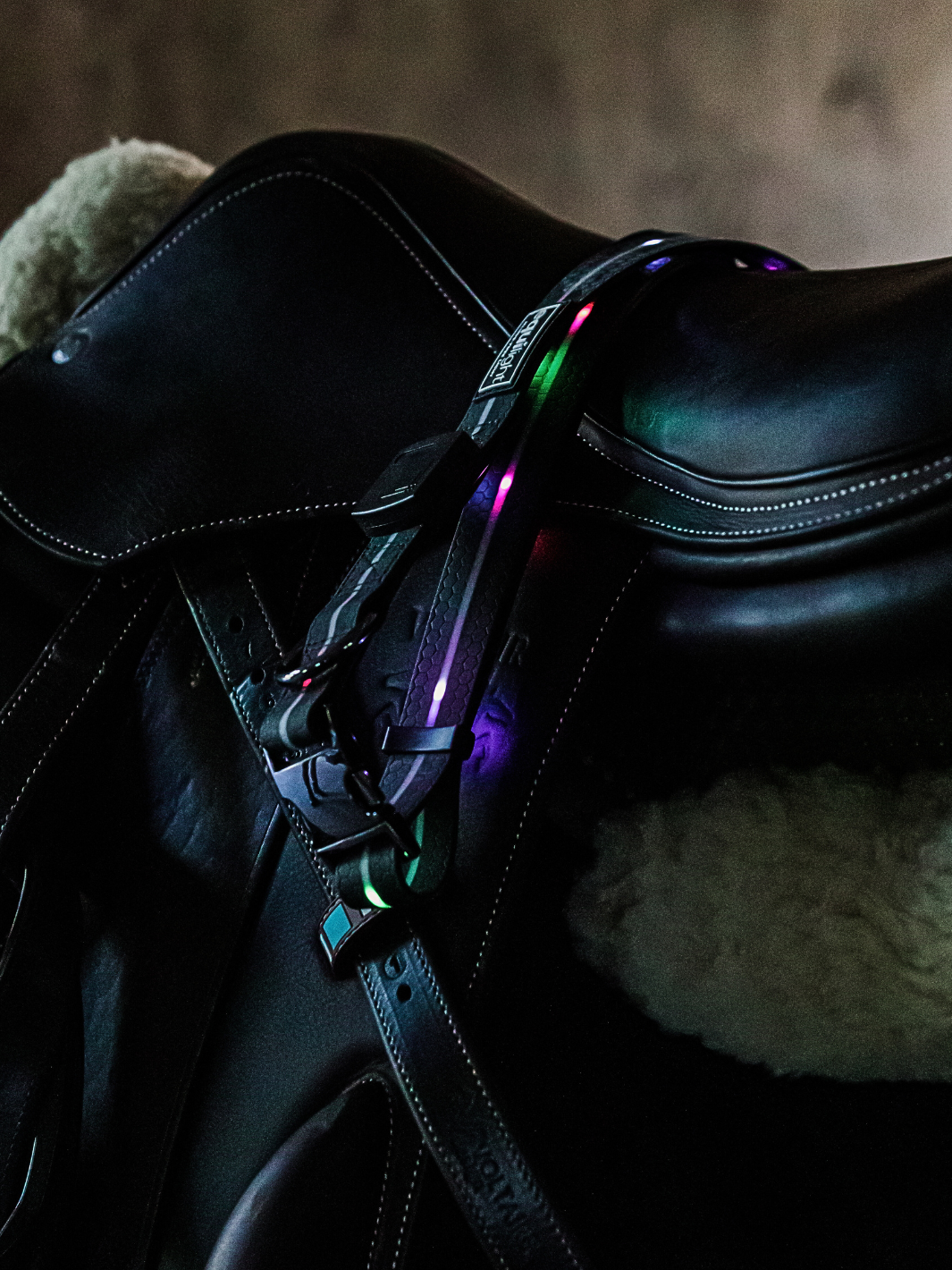 EquiLight LED horse neck strap providing high visibility and safety with bright multicoloured rechargeable lights.