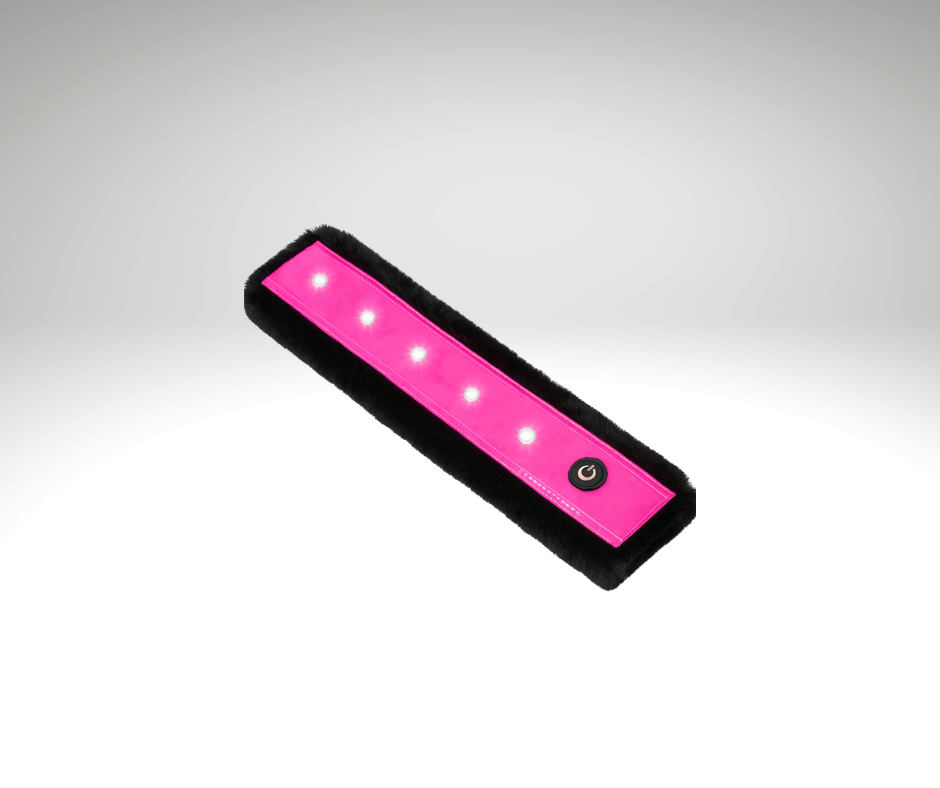 EquiLight faux fur LED sleeves designed for horse tack including bridles, reins, breastplates and martingales, with integrated rechargeable LED lighting to improve horse and rider visibility in low-light conditions
