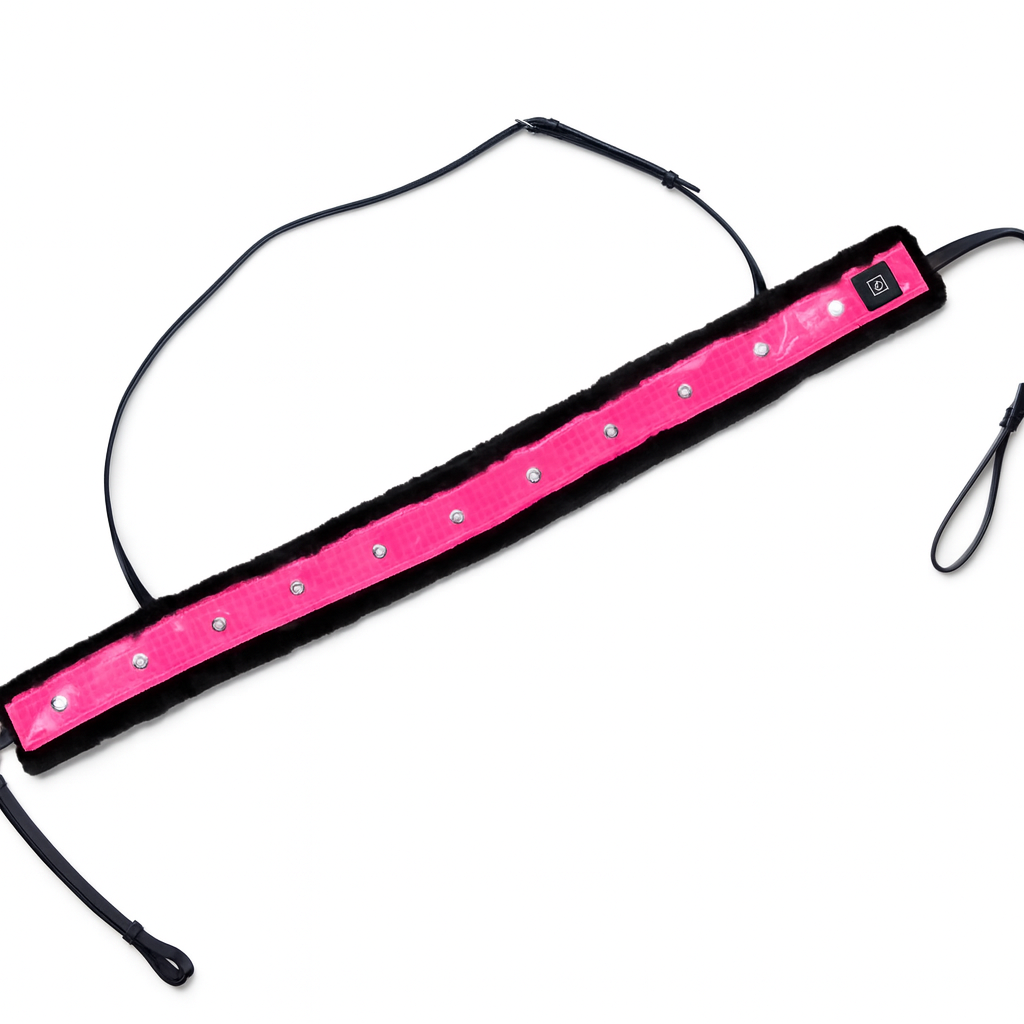 EquiLight faux fur LED sleeves designed for horse tack including bridles, reins, breastplates and martingales, with integrated rechargeable LED lighting to improve horse and rider visibility in low-light conditions
