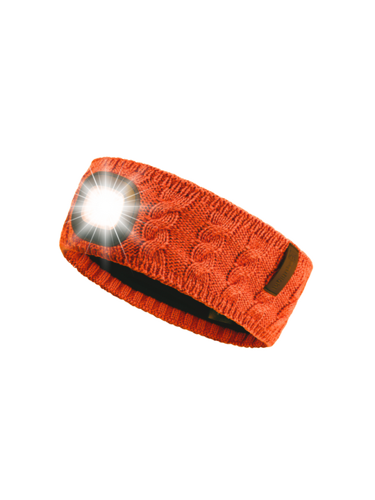 Eco-friendly bamboo fabric LED headband designed for comfort and breathability, Close-up of integrated LED light on EquiLight bamboo headband, Person wearing EquiLight Bamboo LED Headband® for hands-free lighting outdoors, Bamboo LED headband with integrated rechargeable LED light by EquiLight