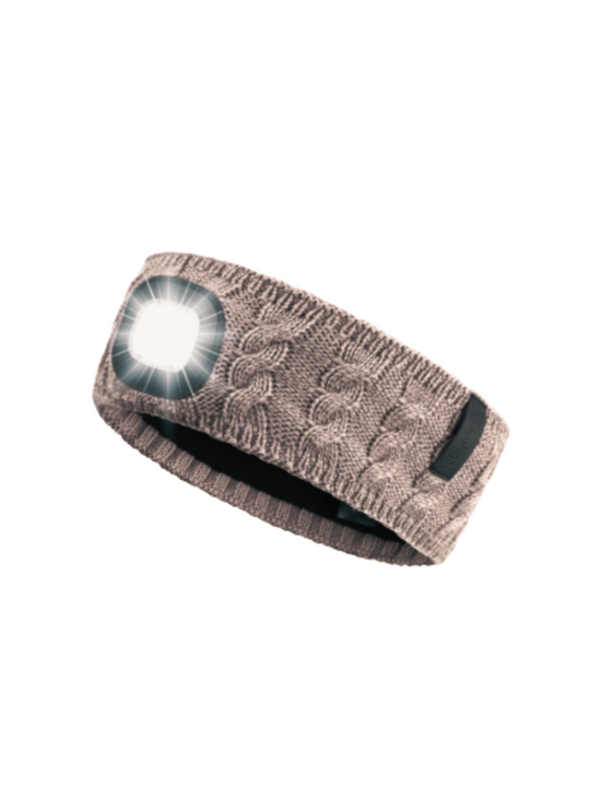 Eco-friendly bamboo fabric LED headband designed for comfort and breathability, Close-up of integrated LED light on EquiLight bamboo headband, Person wearing EquiLight Bamboo LED Headband® for hands-free lighting outdoors, Bamboo LED headband with integrated rechargeable LED light by EquiLight