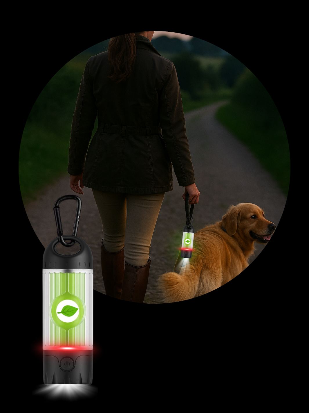 Rechargeable LED Poop Bag Dispenser with Glow and Torch Mode – EquiLight
LED dog walking light with poop bag holder – anti-slip, eco-friendly design
USB-C rechargeable pet safety light with IPX6 rating
LED dispenser clipped to dog lead for night-time visibility
