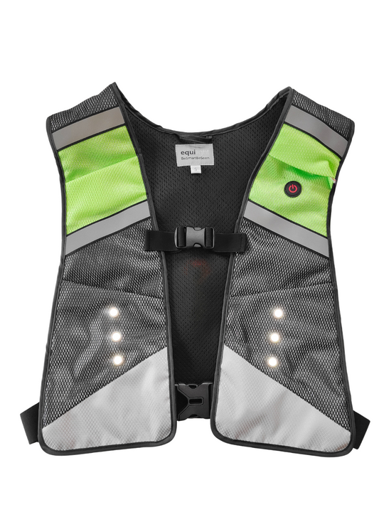 EquiLight LED Rider Vest in Black and Lime with rechargeable LED lights and reflective detailing, lightweight hi-vis safety vest for horse riders, last remaining stock in size UK 6 (XXS)
