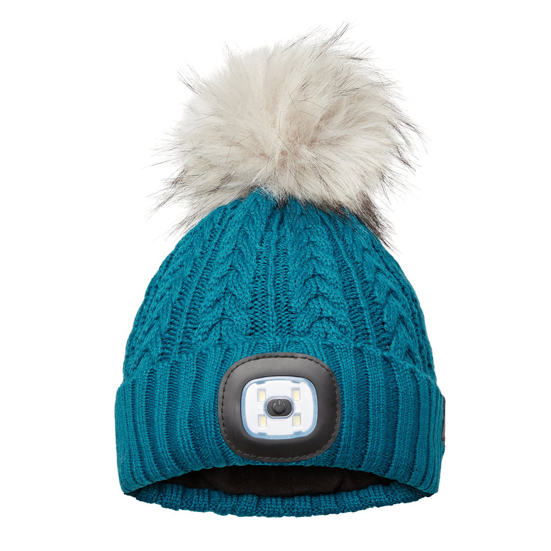 EquiLight Merino LED Pom Beanie with rechargeable hands-free LED light for outdoor visibility, Merino wool pom beanie with integrated rechargeable LED light by EquiLight, Person wearing EquiLight merino LED pom beanie for hands-free lighting outdoors, Close-up of integrated LED light on EquiLight merino pom beanie, Soft merino wool pom beanie with built-in LED light designed for warmth and comfort