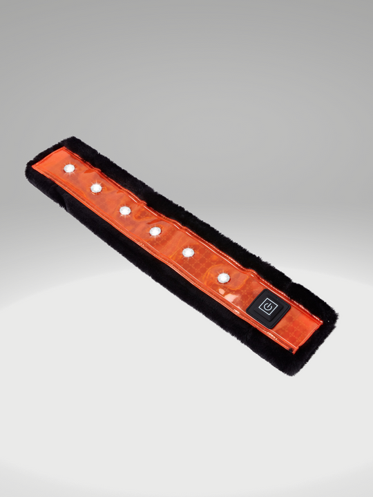 EquiLight faux fur LED sleeves designed for horse tack including bridles, reins, breastplates and martingales, with integrated rechargeable LED lighting to improve horse and rider visibility in low-light conditions
