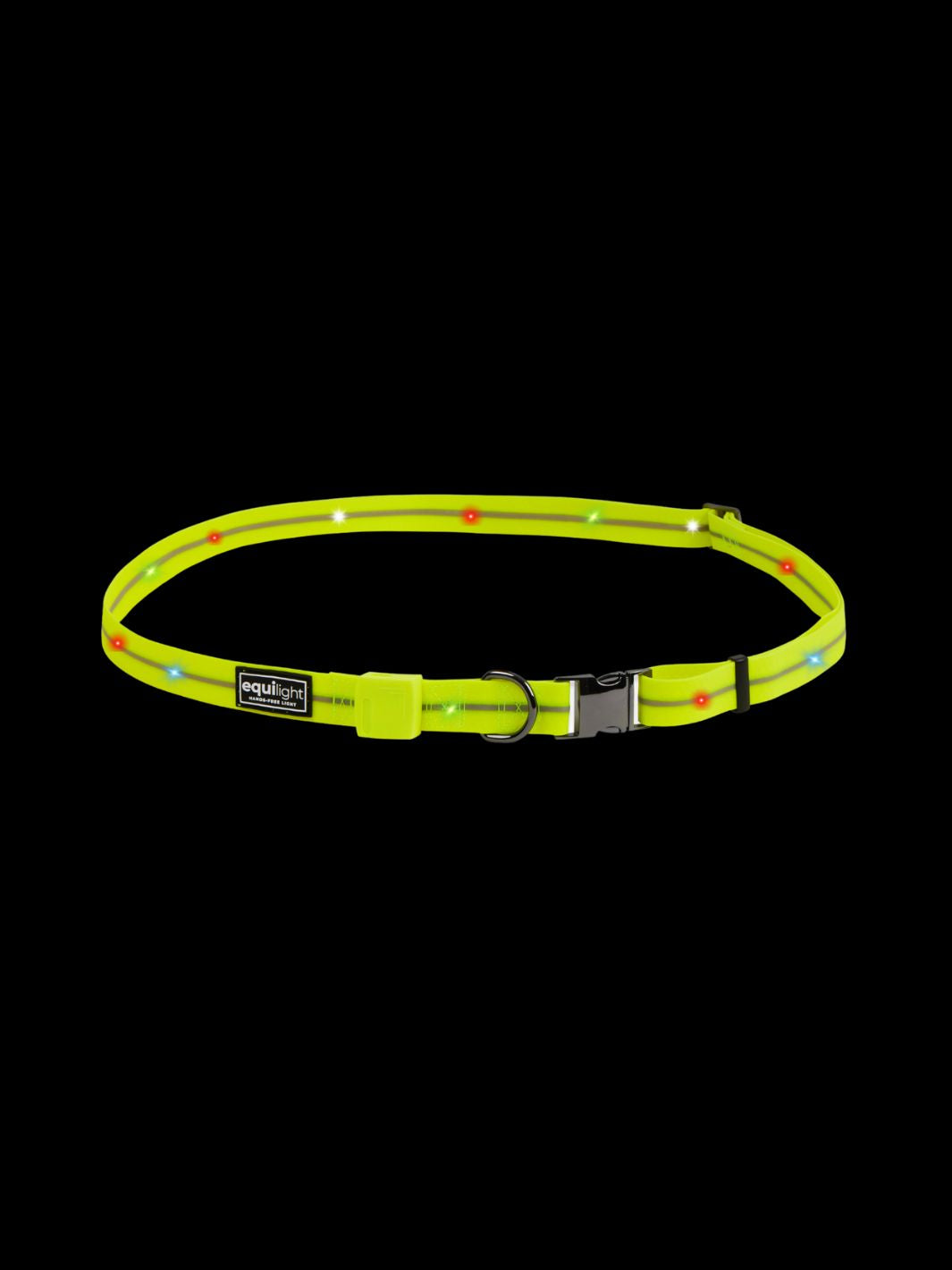 EquiLight LED horse neck strap providing high visibility and safety with bright rechargeable lights for riding and turnout.