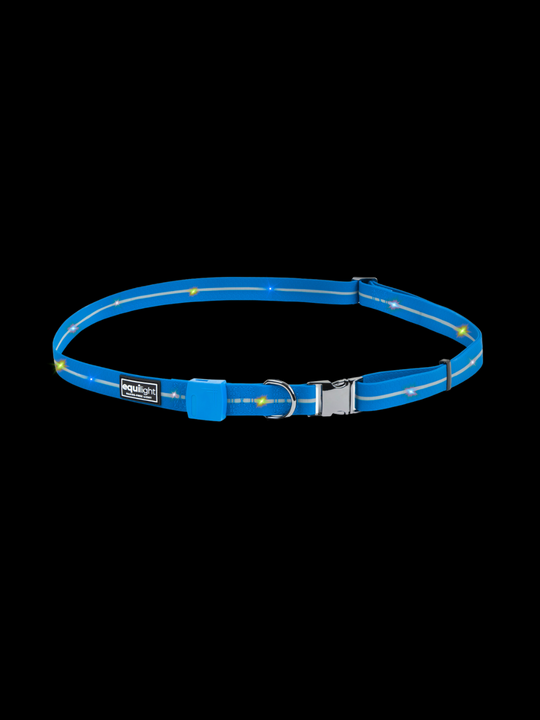 EquiLight LED Neckstrap in blue with bright multi coloured rechargeable lights for horse and rider road safety.