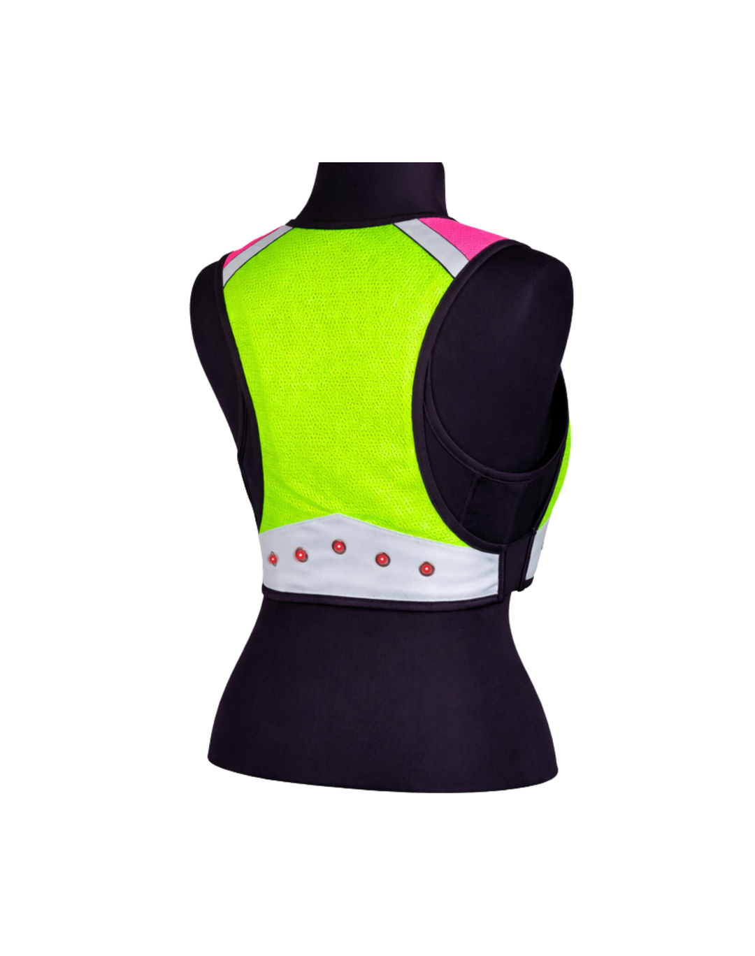 EquiLight Rider Vest Lime and Pink back view with red LED lights
