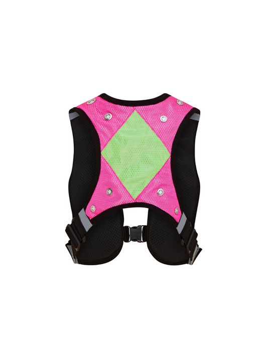 EquiLight Mini Pro Rider Vest with integrated rechargeable LED lighting and reflective detailing, hi-vis safety vest designed for young riders to improve visibility and confidence in low-light conditions
