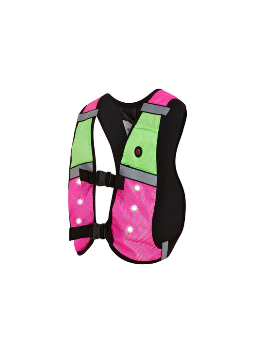 EquiLight Mini Pro Rider Vest with integrated rechargeable LED lighting and reflective detailing, hi-vis safety vest designed for young riders to improve visibility and confidence in low-light conditions
