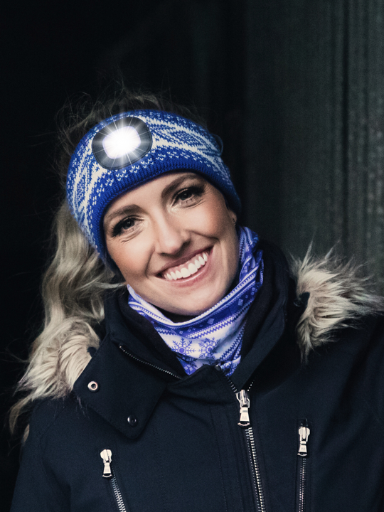 EquiLight Nordic merino wool LED headband with rechargeable hands-free LED light, designed to provide warmth, comfort and improved visibility for winter outdoor activities
