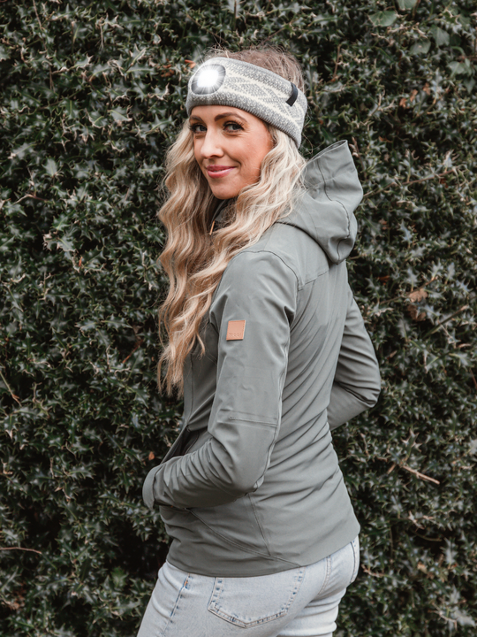 EquiLight Nordic merino wool LED headband with rechargeable hands-free LED light, designed to provide warmth, comfort and improved visibility for winter outdoor activities
