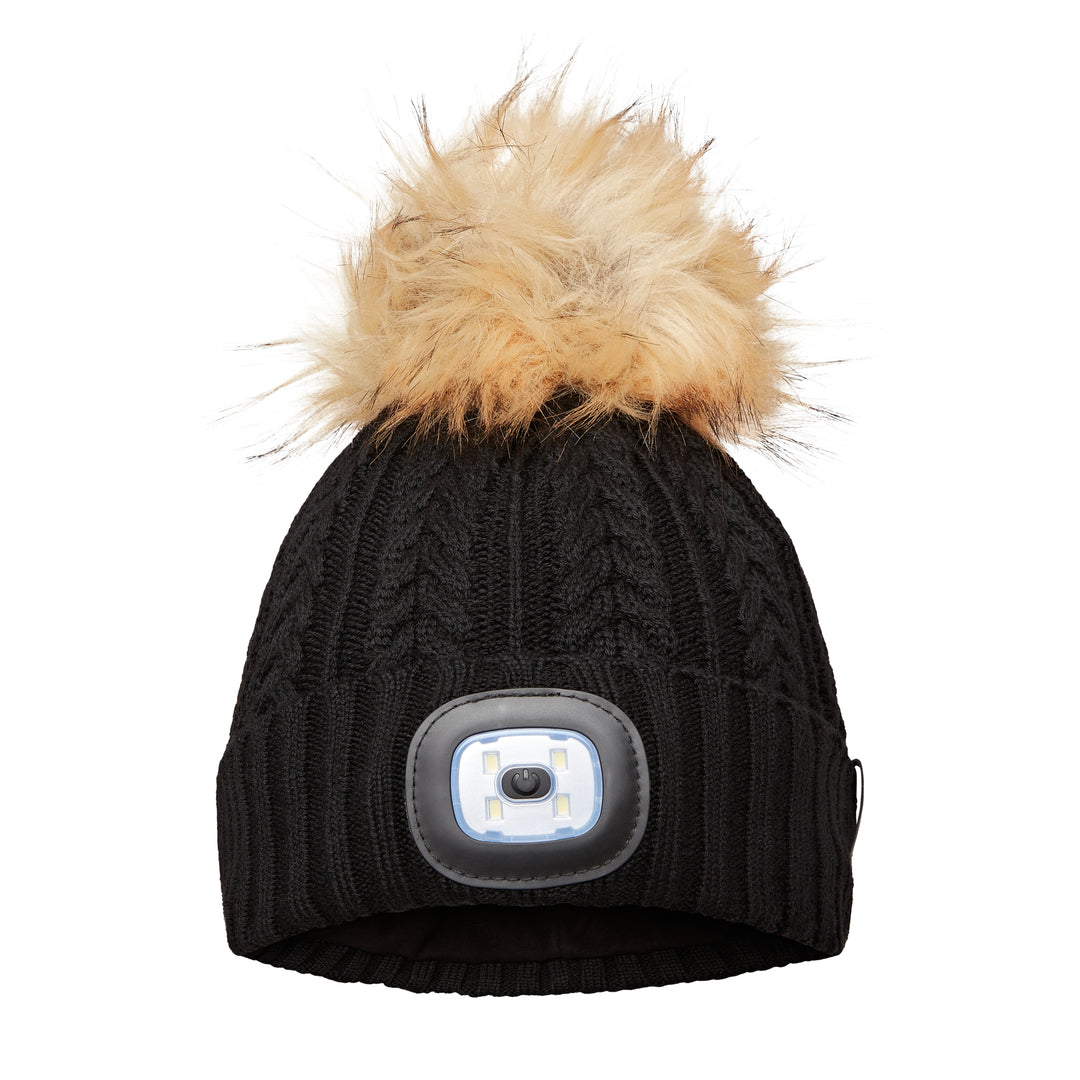 EquiLight Merino LED Pom Beanie with rechargeable hands-free LED light for outdoor visibility, Merino wool pom beanie with integrated rechargeable LED light by EquiLight, Person wearing EquiLight merino LED pom beanie for hands-free lighting outdoors, Close-up of integrated LED light on EquiLight merino pom beanie, Soft merino wool pom beanie with built-in LED light designed for warmth and comfort
