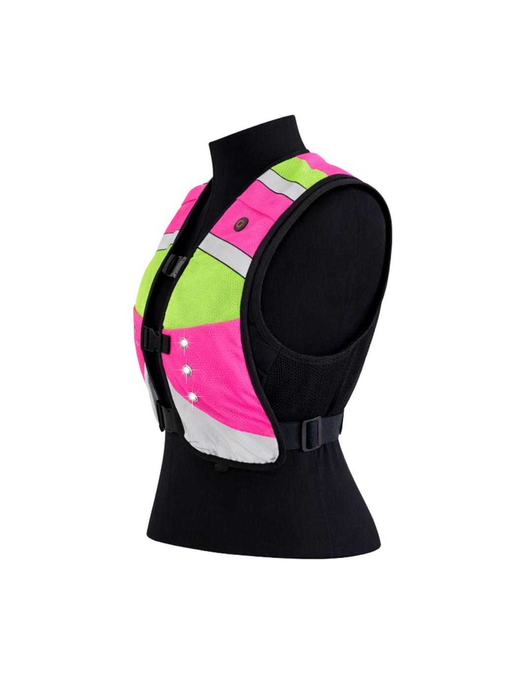 EquiLight Rider Vest Pink & Lime front view with white LED lights