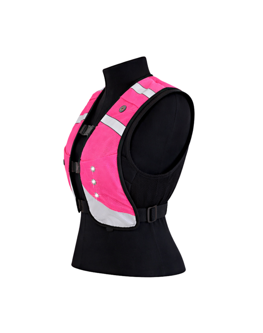 EquiLight Rider Vest Pink front view with white LED lights