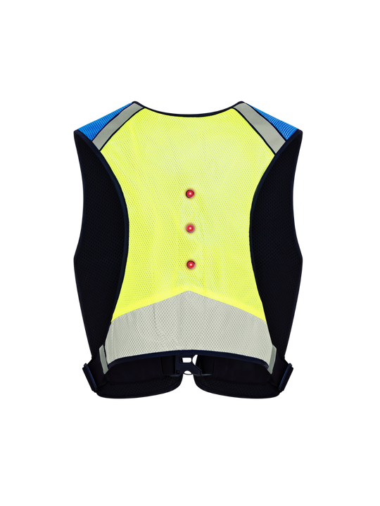 EquiLight Pro Rider Vest with integrated rechargeable LED lighting and hi-vis reflective detailing, designed to be compatible with air vests and improve rider visibility and safety in low-light conditions
