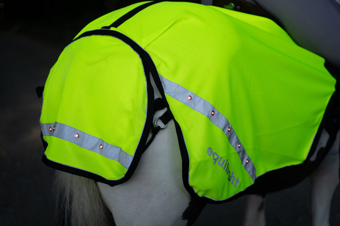 Horse wearing the EquiLight LED hi-vis exercise rug with integrated red LED safety lights and reflective trim. Rear view of the EquiLight LED exercise rug showing highway-code compliant red LED lights for rider and horse visibility. Close-up of the integrated USB-rechargeable red LED lighting built into the EquiLight hi-vis horse exercise rug. Breathable mesh fabric and reflective detailing used in the EquiLight LED hi-vis quarter sheet for horses. EquiLight LED hi-vis exercise rug laid flat showing shape, 