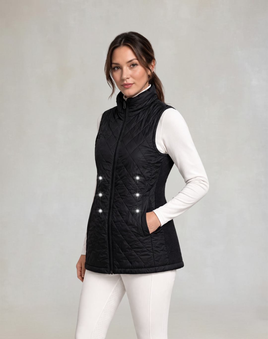 EquiLight Freestyle X LED gilet black front view, lightweight technical vest with integrated LED visibility