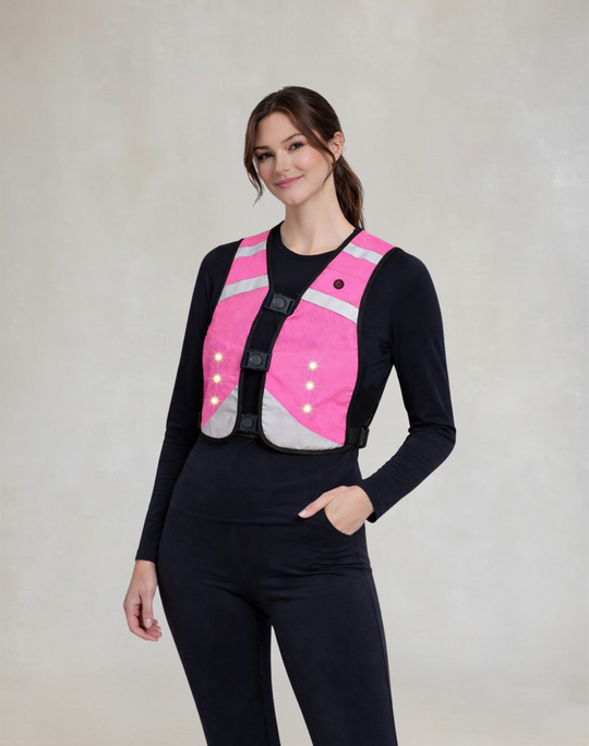 LED hi-vis riding vest pink front view worn by rider, high visibility equestrian safety 