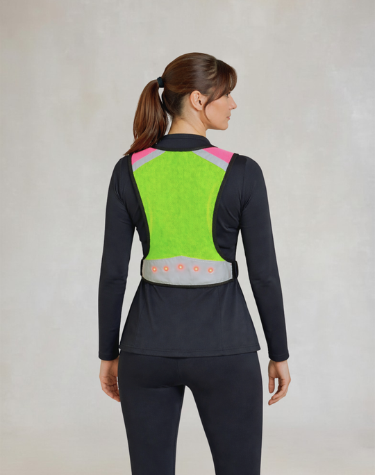 pink and lime hi-vis riding vest rear view designed for low light visibility and safety
