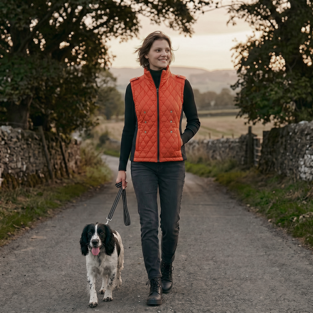 Woman walking dog in countryside wearing an Equilight Freestyle LED gilet in red