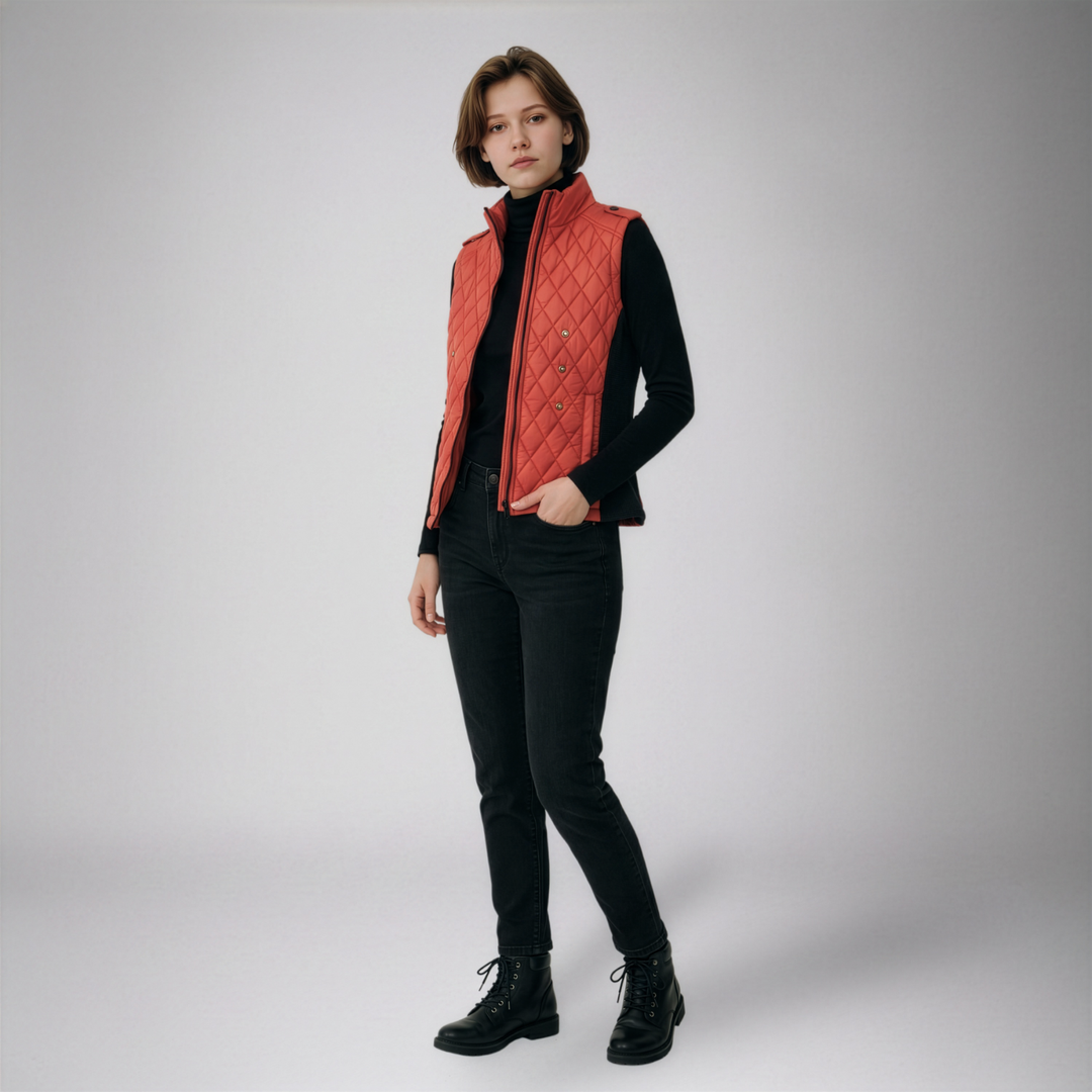 Woman wearing an Equilight Freestyle X LED gilet in red