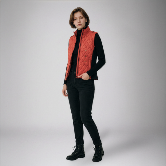 Woman wearing an Equilight Freestyle X LED gilet in red