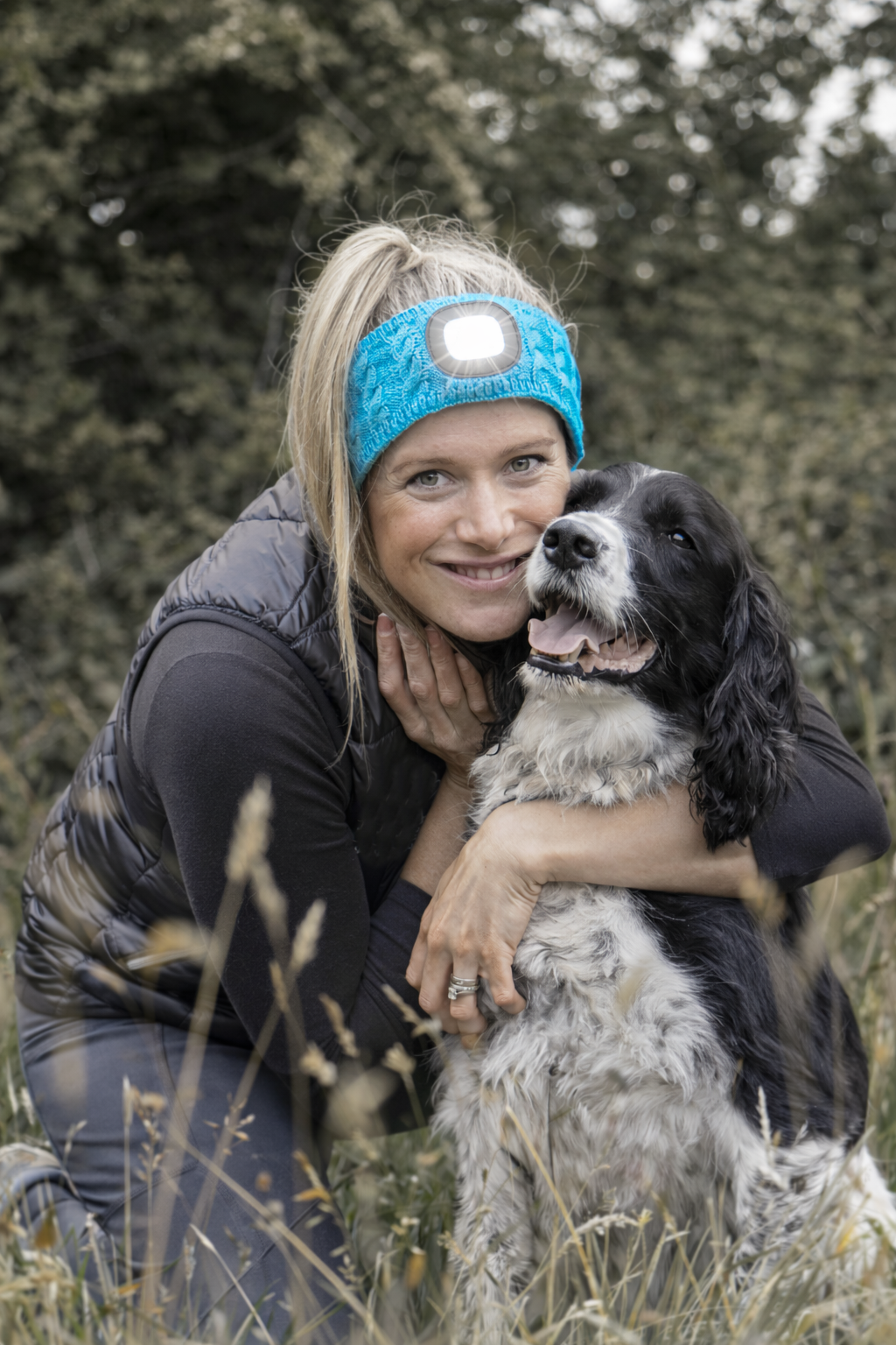 EquiLight Tina Teal merino wool LED headband with rechargeable hands-free LED light, designed to provide warmth, comfort and improved visibility for equestrians and outdoor use in low-light conditions
