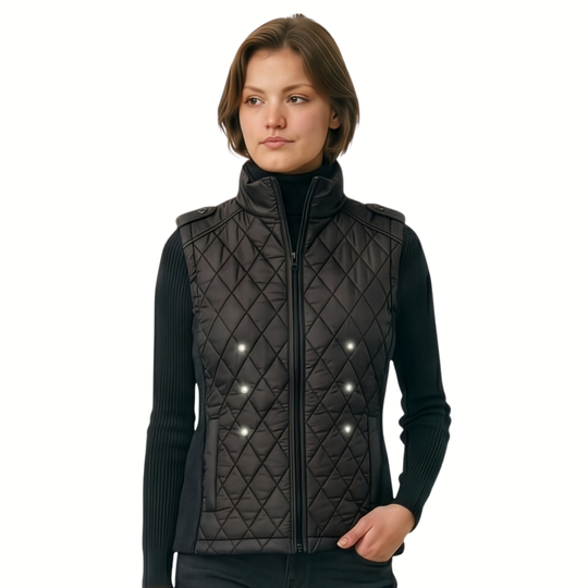 Woman wearing a black quilted Freestyle X vest with illuminated LED lights on the front panels, worn over a black ribbed knit jumper.