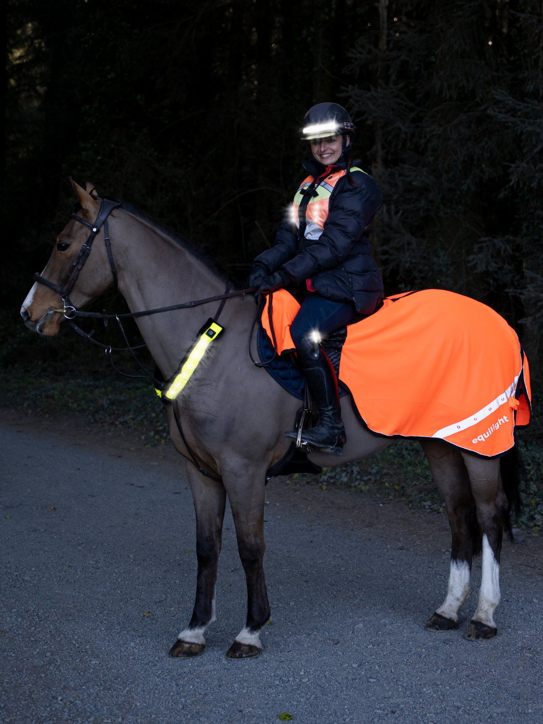 Horse wearing the EquiLight LED hi-vis exercise rug with integrated red LED safety lights and reflective trim. Rear view of the EquiLight LED exercise rug showing highway-code compliant red LED lights for rider and horse visibility. Close-up of the integrated USB-rechargeable red LED lighting built into the EquiLight hi-vis horse exercise rug. Breathable mesh fabric and reflective detailing used in the EquiLight LED hi-vis quarter sheet for horses. EquiLight LED hi-vis exercise rug laid flat showing shape, 