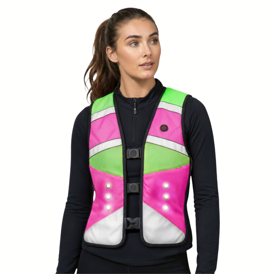 Woman wearing a pink and lime green Rider Vest Pro reflective vest with illuminated LED lights, adjustable buckle straps, and a power button, worn over a black long-sleeve top.